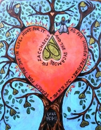Happy Father's Mother's Day Heart- Zacchaeus and the Sycamore Fig Tree of Joy Retablo