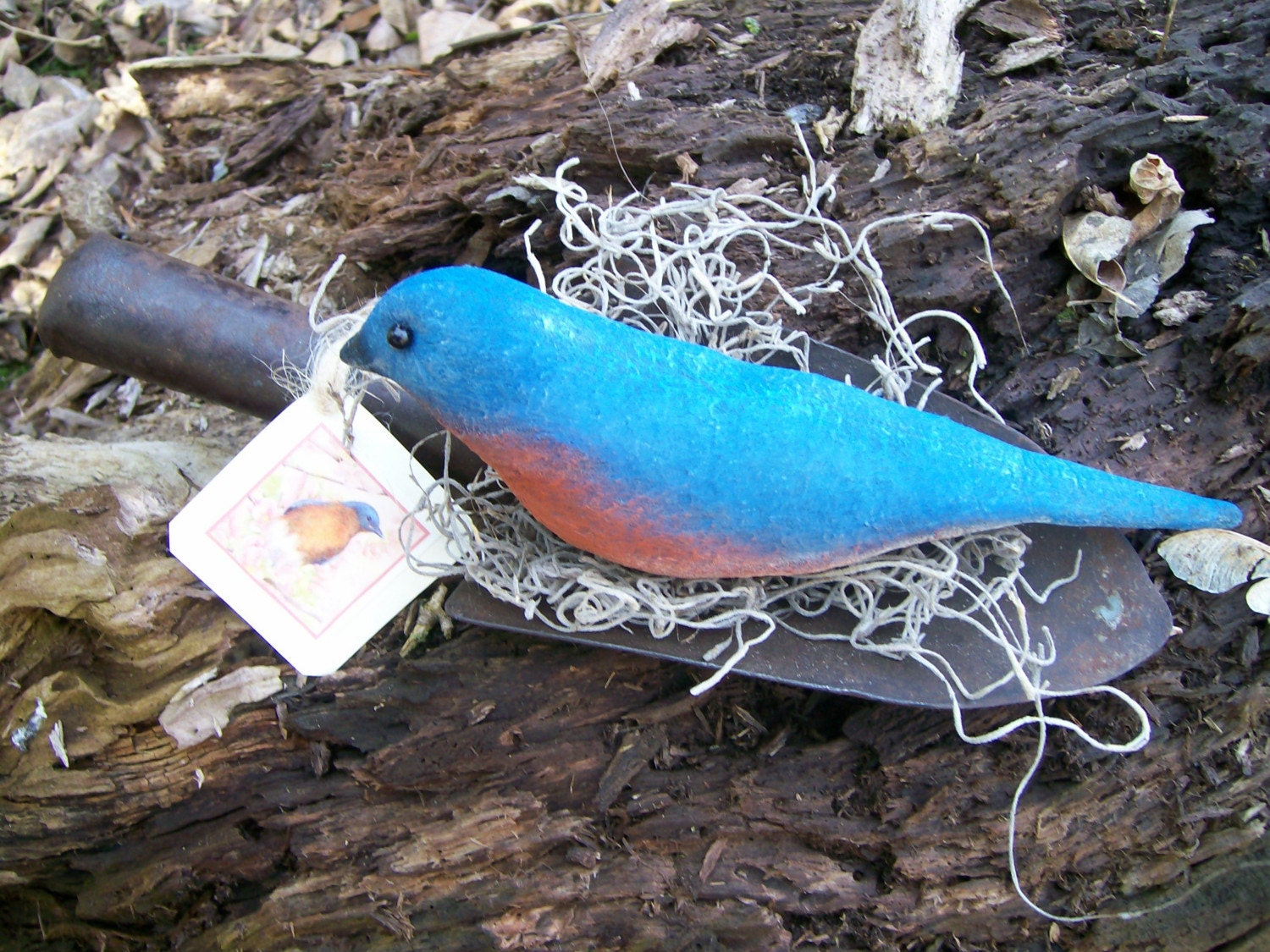 Primitive Folk Art Bluebird Bird Doll on Old Garden Shovel Nest.