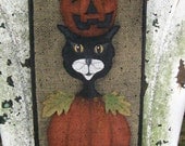 Primitive Folk Art Pumpkin Cat With Crystal Eye Accents Mixed Media Original OOAK Painting