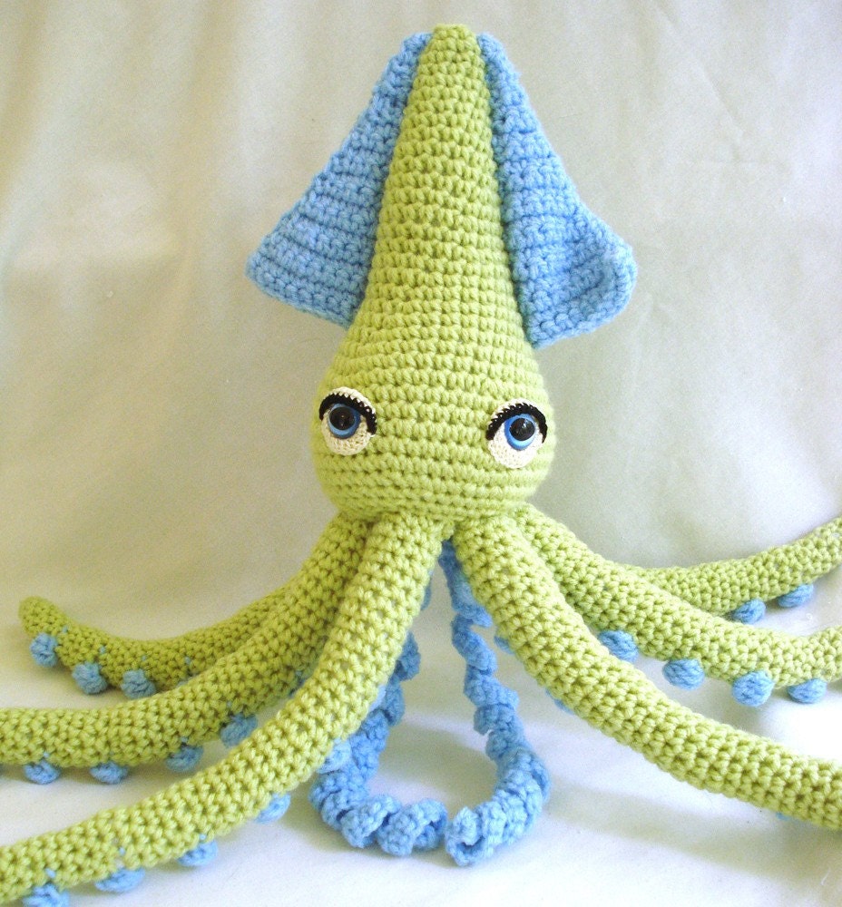 Squid Amigurumi Crochet Animal Doll-Lime Green and Blue-Custom Made Free Shipping Domestic