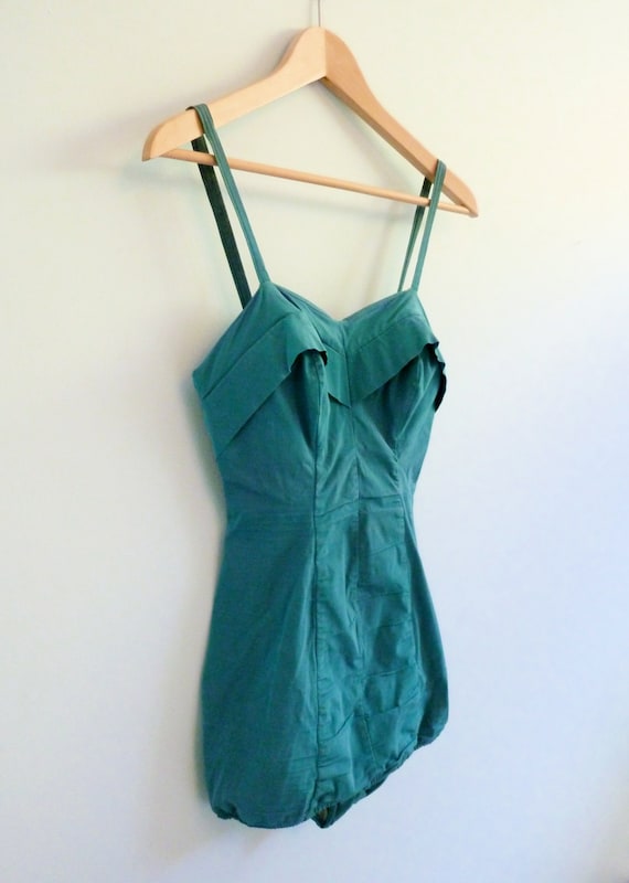 1940s 1950s Pinup Bathing Suit XS Turquoise Blue 50s One Piece Bombshell Swimsuit Rose Marie Reid Small