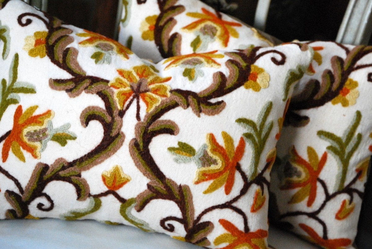 Decorative Pillow - Retro Vintage Crewel and Velvet Pillow. Includes your choice of Organic Buckwheat Spa Insert or Feather/Down Insert