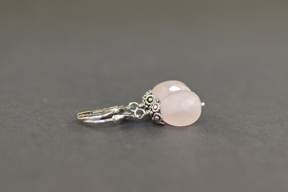 Faceted Oval Pink Rose Quartz Earrings with Bali Silver Caps