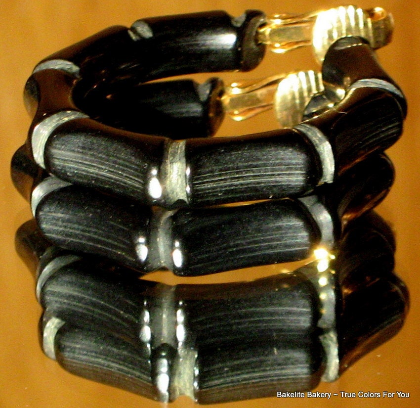 Bamboo Carved Black Bakelite Era Earrings Vintage Hoops Ebony Galalith Art Deco Antique Early Century 1930s 1940s Clips Patina
