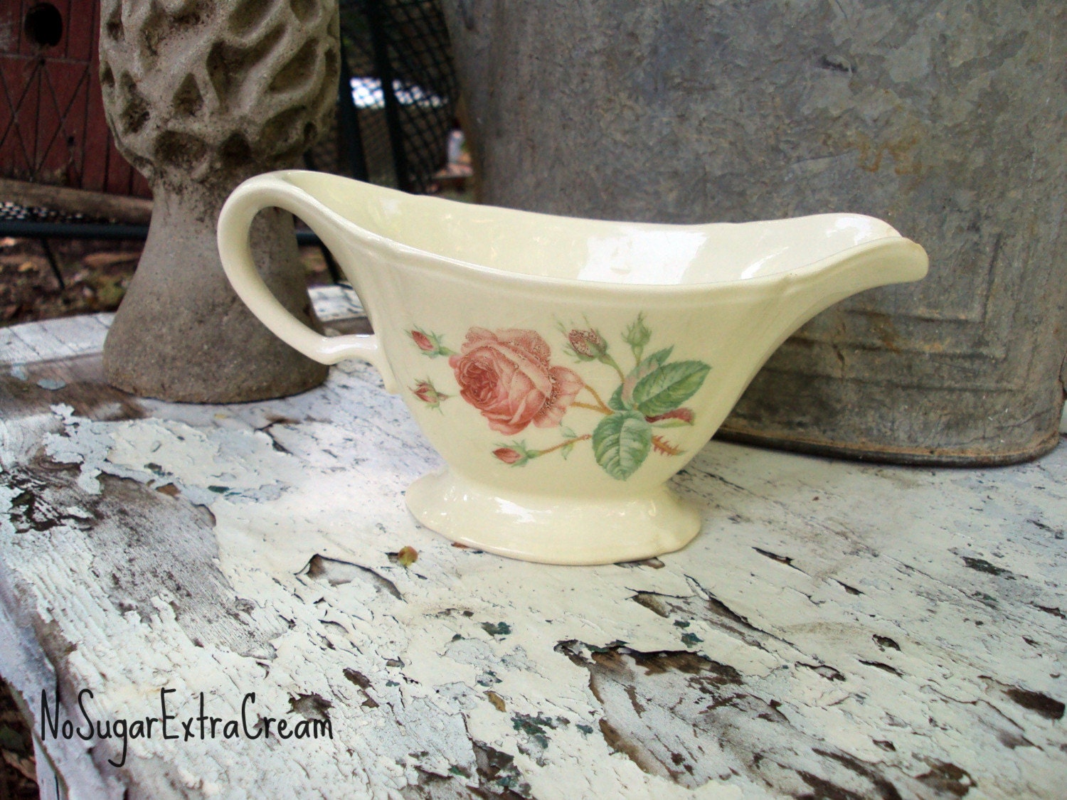 Rose Gravy Boat Edwin Knowles VINTAGE Shabby Chic Cottage Rose Pattern