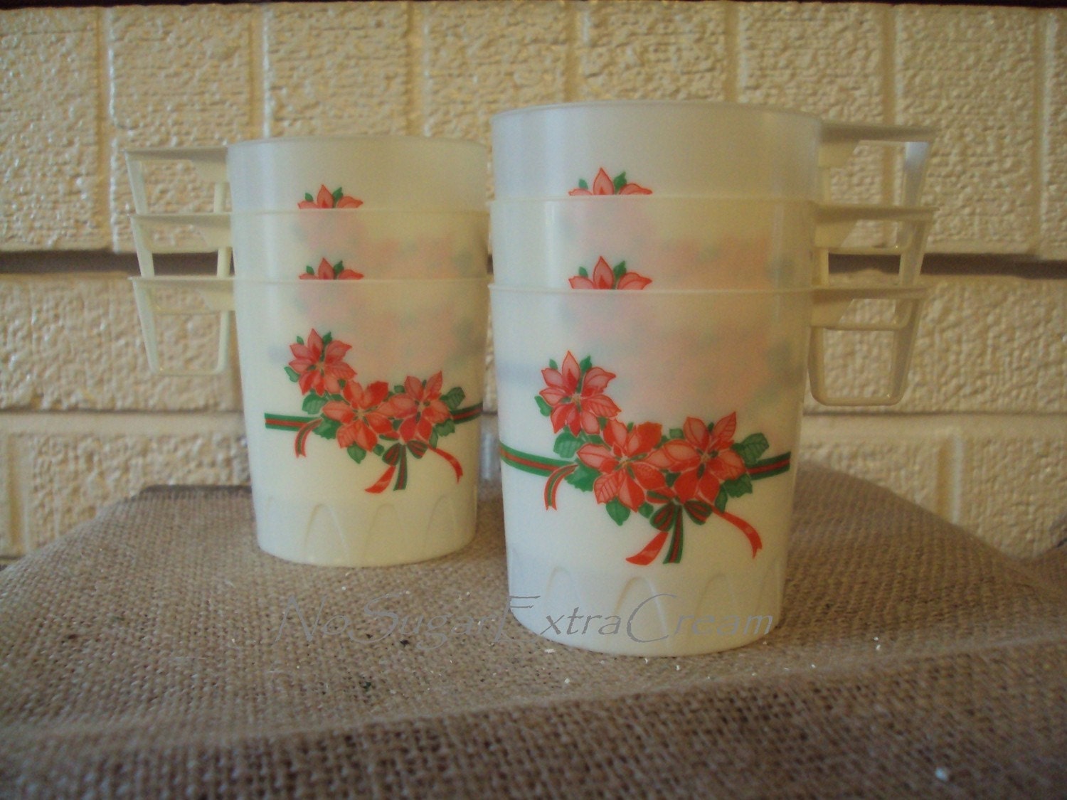 Vintage Anchor Hocking Plastic Poinsettia Stacking Christmas Cups - Set of 6