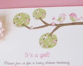 Pink and Green Penelope Birdies On Flower Tree--Baby Shower Invitations Il_170x135