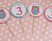 Pink and Aqua Owl Birthday Cupcake Toppers- CUTE Il_170x135
