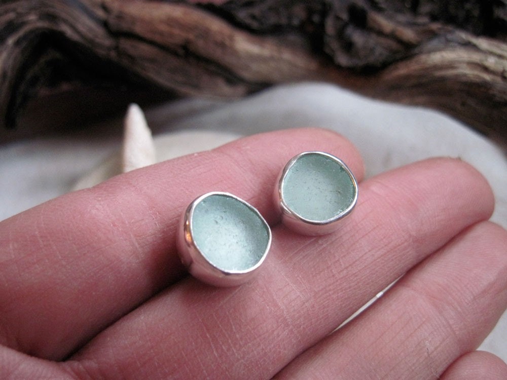 Sea Glass Jewelry - "Fish Eyes" - Sea Foam Bezel Set Sea Glass Stud Earrings - Other Colors Available