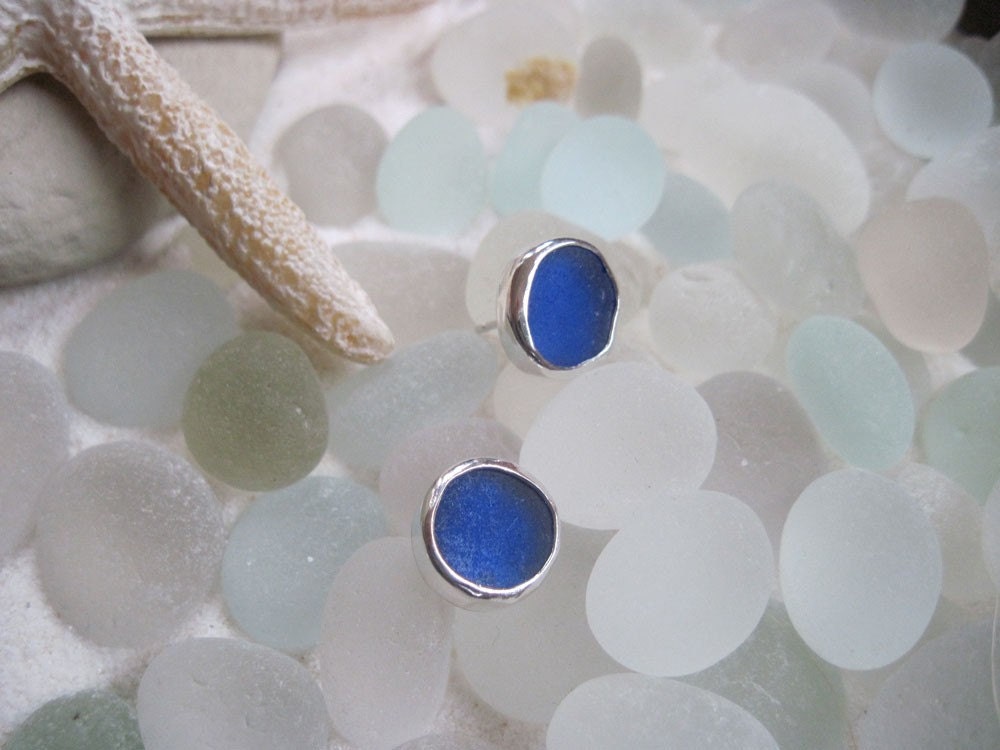 Sea Glass Jewelry - "Fish Eyes" - Sea Foam Bezel Set Sea Glass Stud Earrings - Other Colors Available