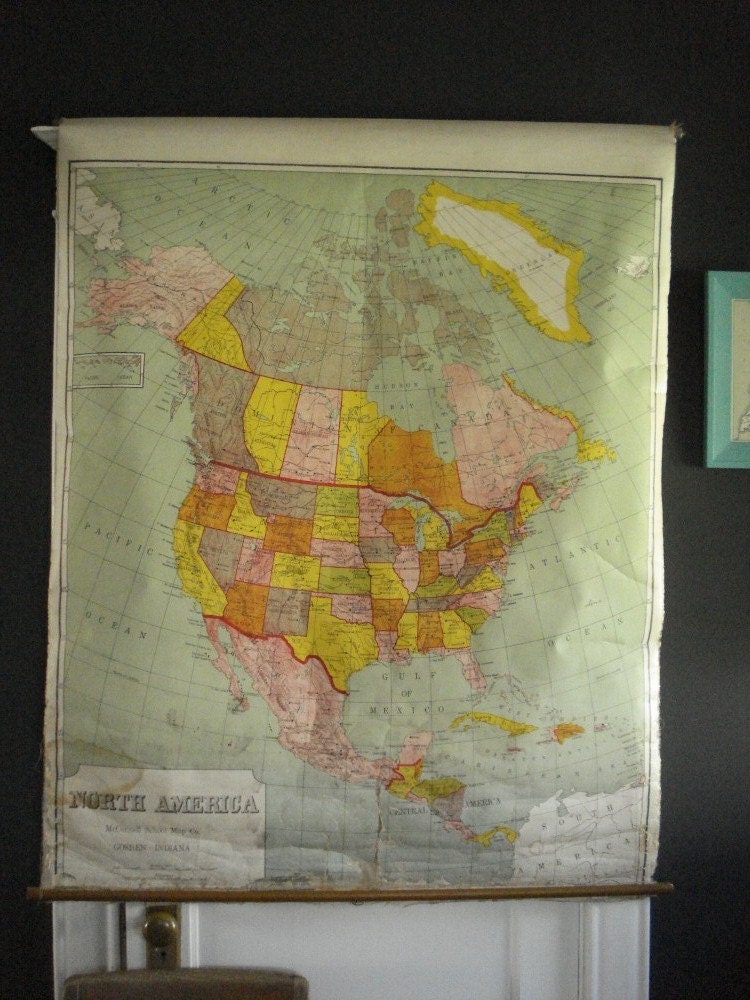 Vintage Pull Down School Map - 1950s Roller Map Pulldown Map of North America