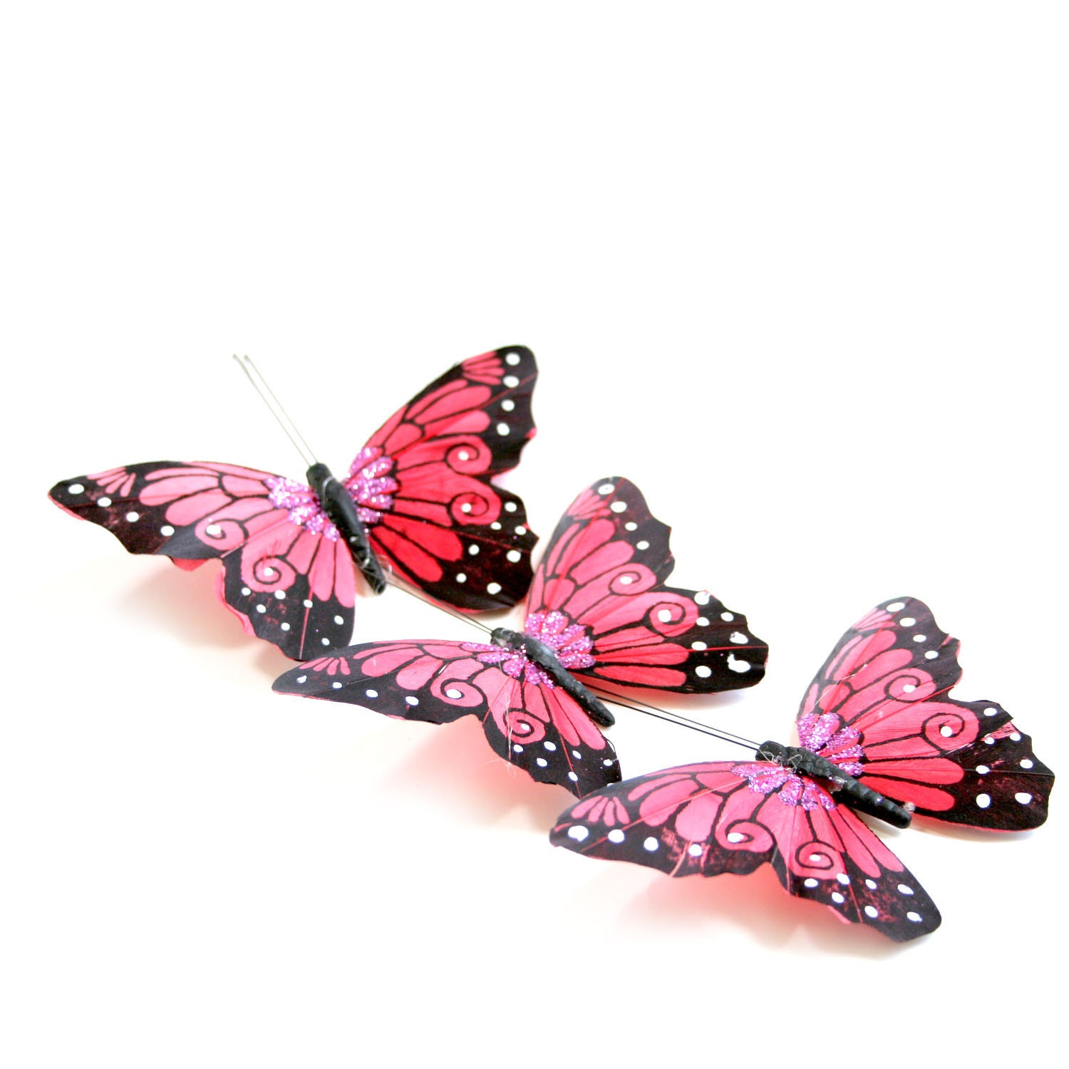 3 Large Shocking Pink Viceroy Butterflies for Hair Pins, Favors, Wedding Cakes