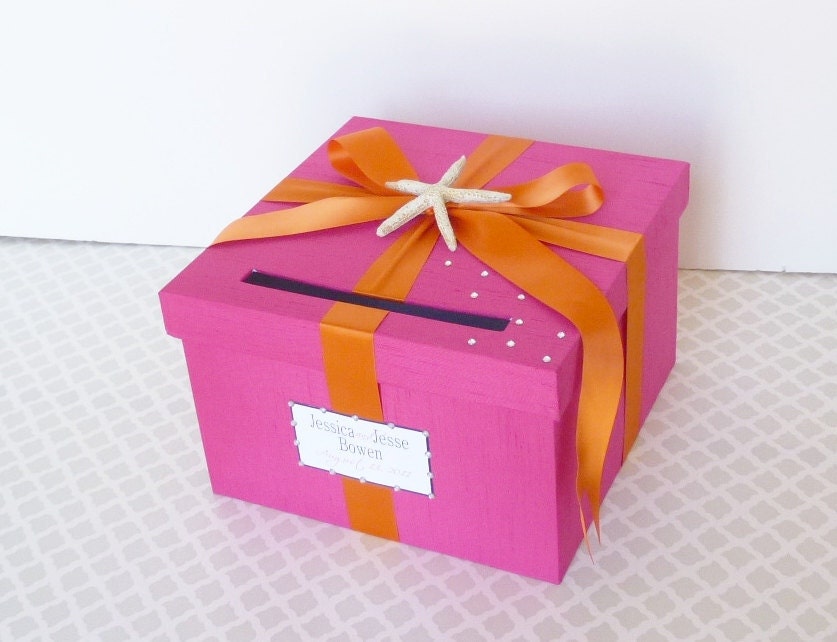 Wedding Card Box Hot Pink Orange Beach Theme Starfish Custom Made