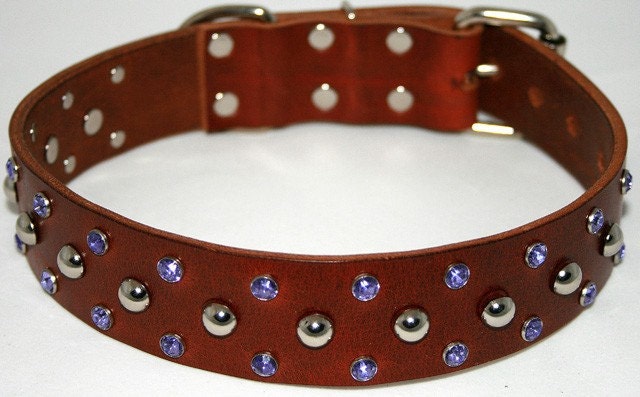 1.5" brown leather crystal collar