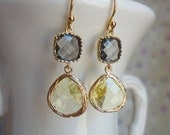 Gorgeous Yellow and Gray Glass Dangle Earrings. Color Block Earrings. Bridesmaid Earrings. Wedding Earrings