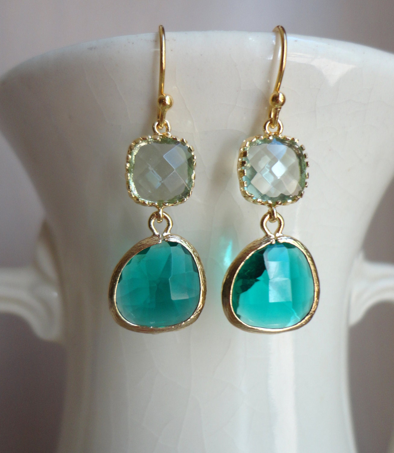 Gorgeous Emerald Green and Soft Green Glass Dangle Earrings. Color Block Earrings. Bridesmaid Earrings. Wedding Earrings. Spring Earrings