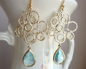Aquamarine Blue Glass and Gold Bubble Earrings. Beach Wedding. Bridal Earrings. Bridesmaid Earrings. Wedding Earrings