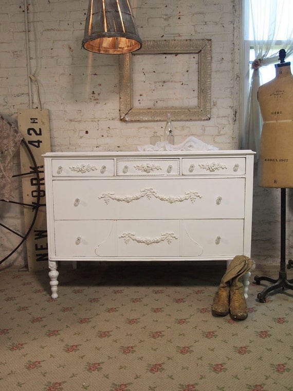 RESERVERomyPainted Cottage Chic Shabby White Romantic Dresser DR362