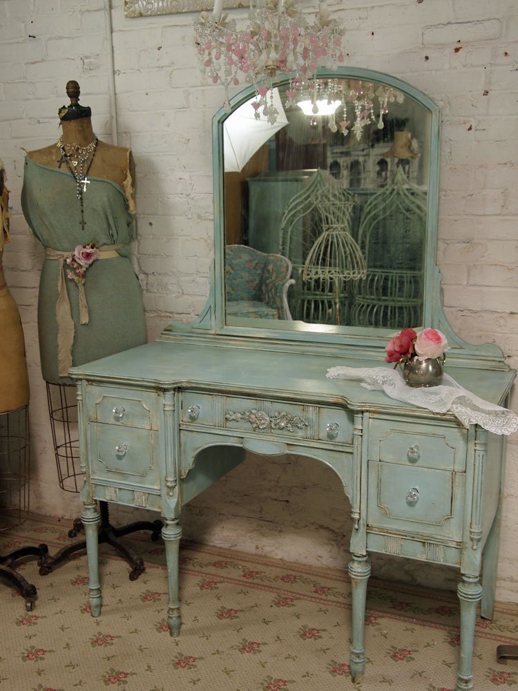 Vintage Painted Cottage Shabby Aqua Chic Vanity VAN124