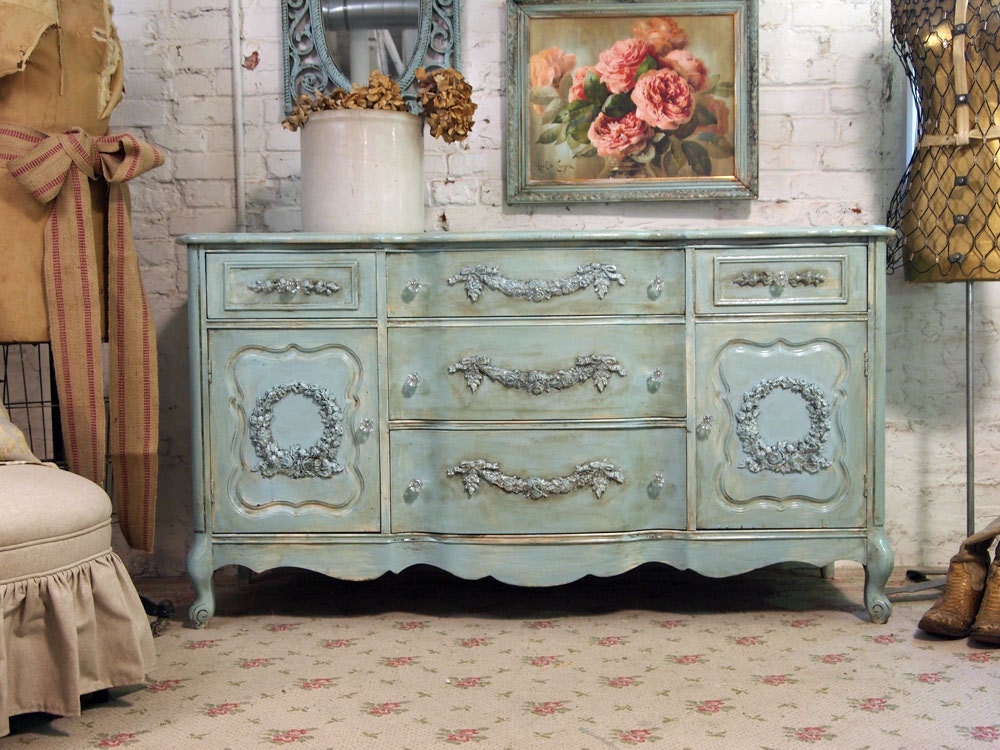 RESERVED mleilarahimi Vintage Painted Cottage Shabby Aqua Chic Dresser Server SV135