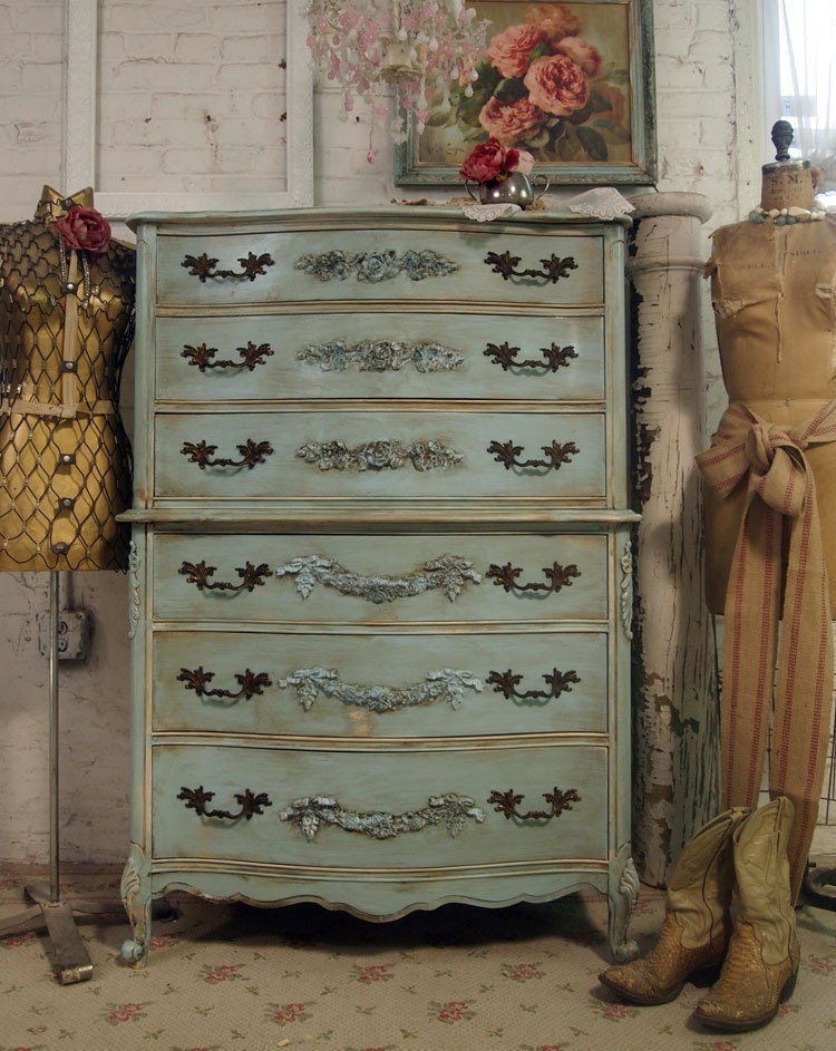 Vintage Painted Cottage Shabby Aqua Chic Dresser CH216