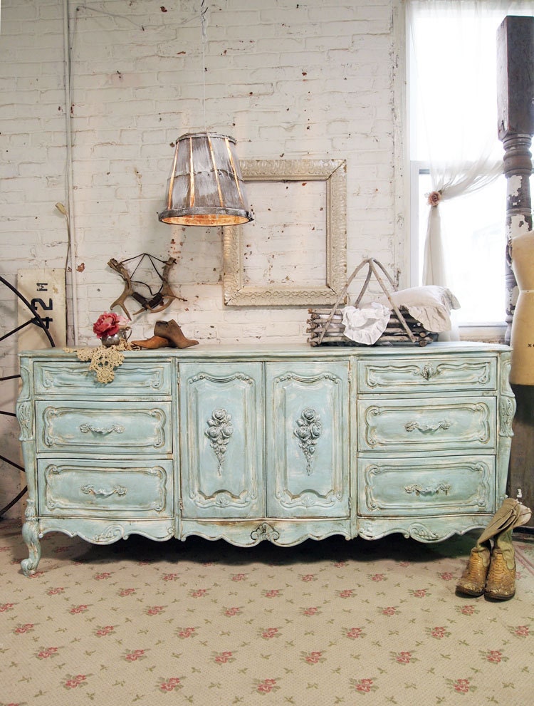 Painted Cottage Chic Shabby Aqua French Dresser DR351