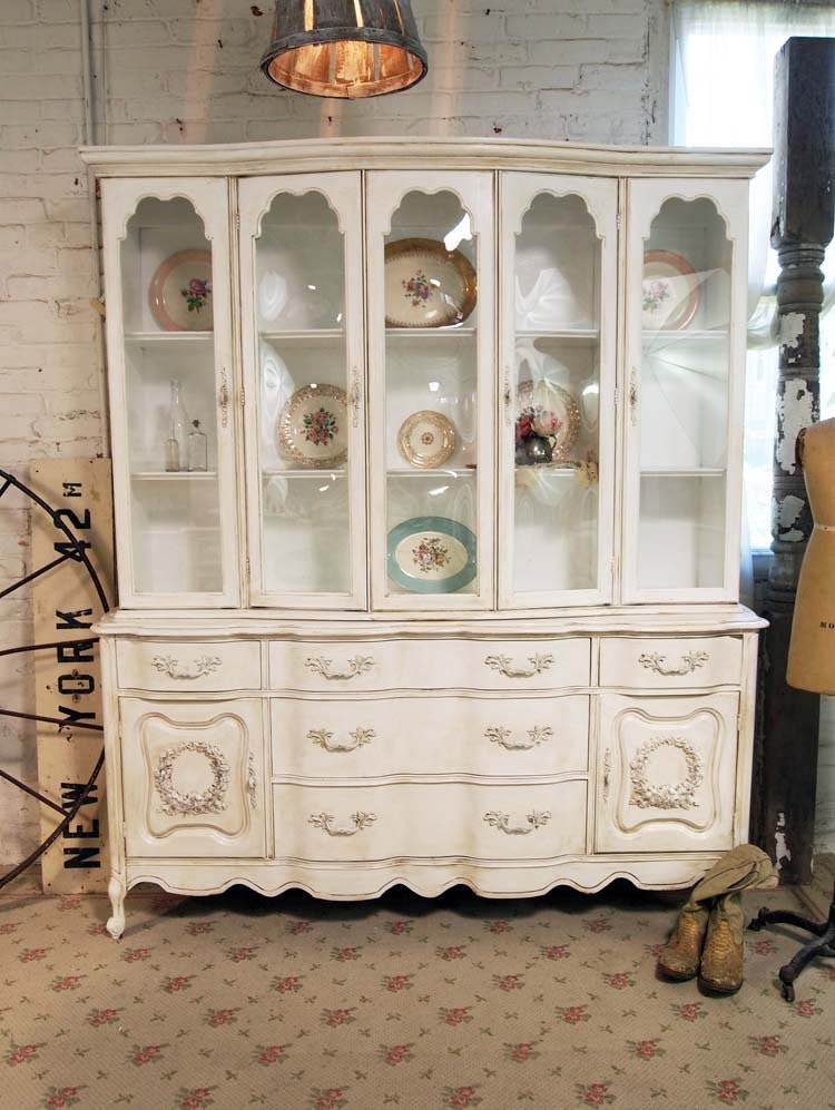 Painted Cottage Chic Shabby White Romantic Tea Stained French China Cabinet CC326