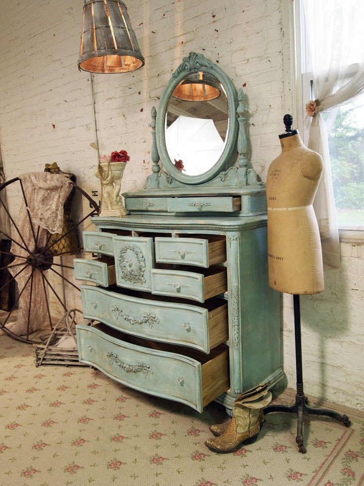 Painted Cottage Chic Shabby Aqua Romantic Dresser CH15