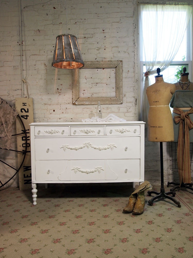 RESERVERomyPainted Cottage Chic Shabby White Romantic Dresser DR362