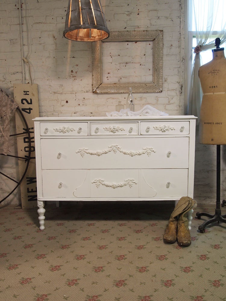 RESERVERomyPainted Cottage Chic Shabby White Romantic Dresser DR362