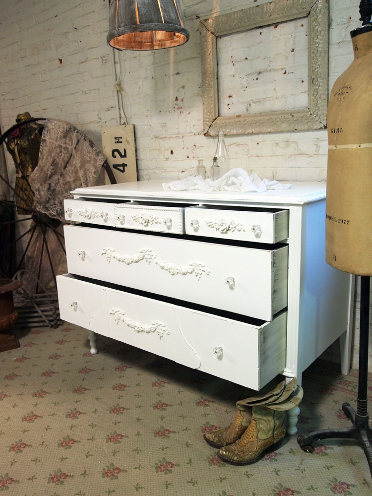 RESERVERomyPainted Cottage Chic Shabby White Romantic Dresser DR362