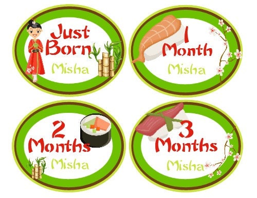 Personalized Monthly Onesie Stickers (Miso Cute)-Includes Newborn, Large 12 Month, and Bonus Stickers - Baby Month Stickers