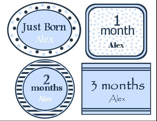 Baby Month Stickers-Personalized Monthly Onesie Stickers (Navy and Blue)-Includes Newborn, Large 12 Month, and Bonus Stickers