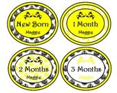 Girls Personalized Monthly Onesie Stickers ( Yellow Black Damask)-Includes Newborn, Large 12 Month, and Bonus Stickers- Baby Month Stickers