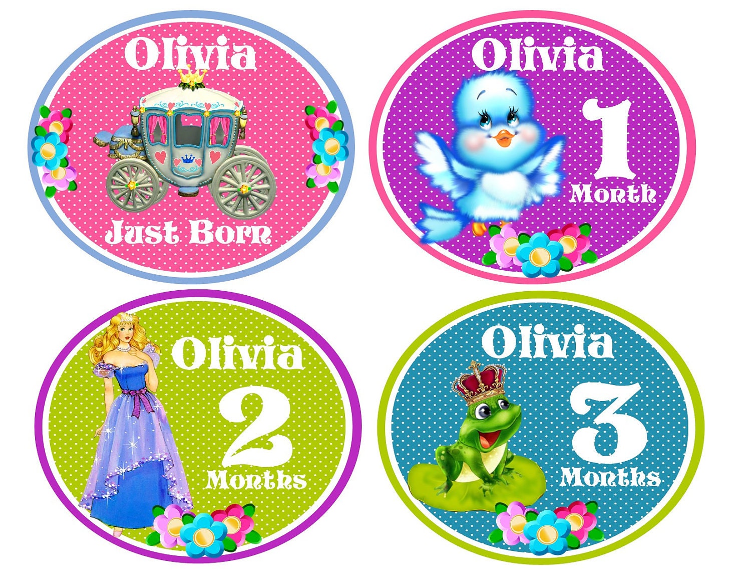 Baby Month Stickers - Girls Personalized Monthly Onesie Stickers (Storybook Princess)-Includes Newborn, Large 12 Month,and Bonus Stickers