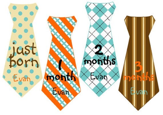 Boy Tie Baby Month Stickers Personalized (Turquoise and Orange)-Includes Newborn and Extra-Large 12 Month Stickers - Monthly Onesie Stickers