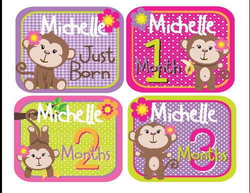 Baby Shower - Personalized Monthly Onesie Stickers (Monkey Girl)-Includes Newborn, Large 12 Month, and Bonus Stickers- Baby Month Stickers