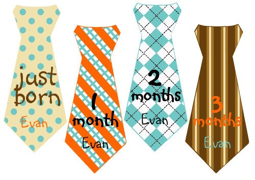 Boy Tie Baby Month Stickers Personalized (Turquoise and Orange)-Includes Newborn and Extra-Large 12 Month Stickers - Monthly Onesie Stickers