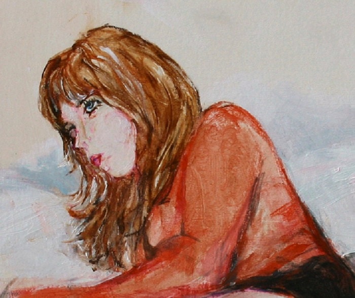 Sexy Redhead Painting: Original Painting, Risque Portrait, 1970s Fashion Muse, Retro Pulp