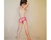 Naughty Burlesque Art: Original Painting, Topless Bikini Model Painting, Inspired by Bunny Yeager Pinup From The 1960s