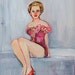 Pinup Girl Valentine: Original Painting, Retro Bathing Suit Beauty Queen in Pink Flowers