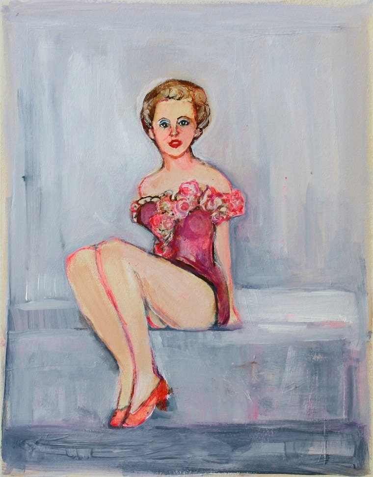 Pinup Girl Valentine: Original Painting, Retro Bathing Suit Beauty Queen in Pink Flowers