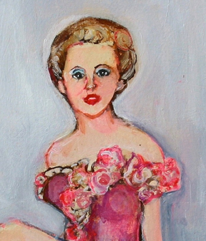 Pinup Girl Valentine: Original Painting, Retro Bathing Suit Beauty Queen in Pink Flowers