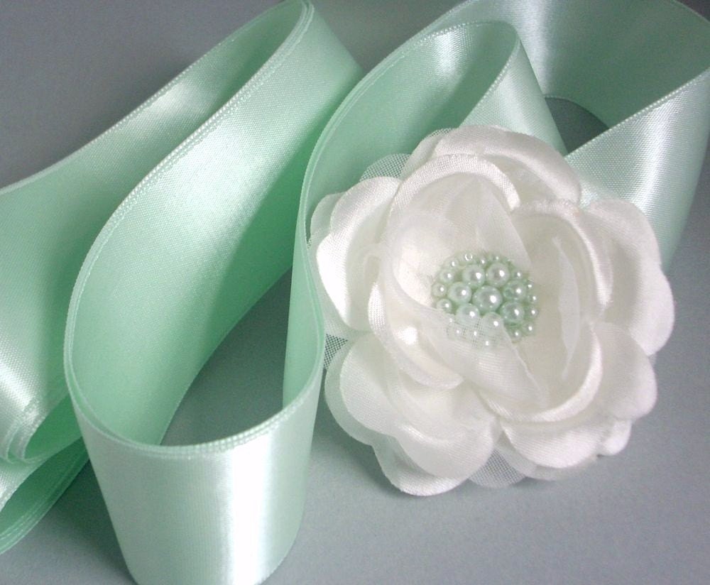 Light Green Satin Bridal Sash with White Rose Flower Accent - Mint Green Mist