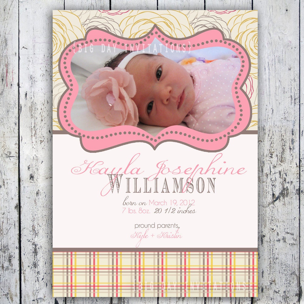 Buy evite announcements - Baby Girl Birth Announcement - Floral and Plaid - Photo Birth Announcement - Printable file - Fast turnaround
