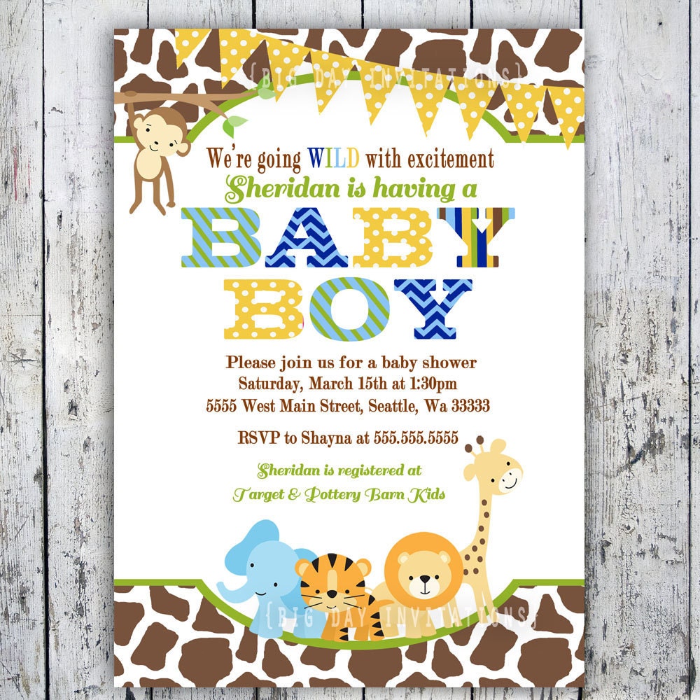 Safari Baby Shower Invitations, Jungle Animal Theme, Printable Invite for Boy or Girl Birthday too