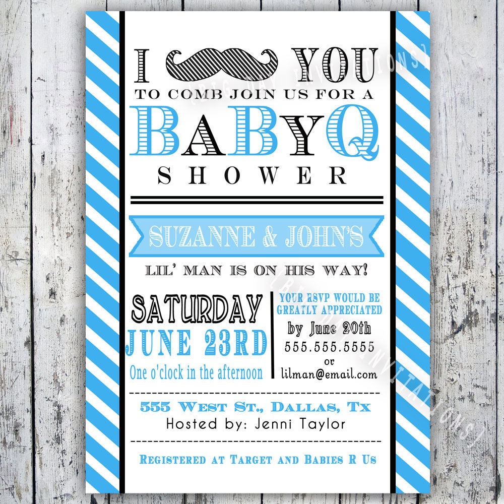 Baby Shower Invitation, Baby Q, Baby BBQ -Lil Man Mustache Invite - Digital Printable Custom Invites