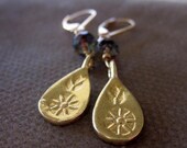 REDUCED , Gold Vermeil Floral Motif Earrings, Teardrops with Blue Glass