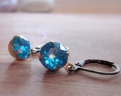 Last Pair, Cerulean Sea Blue Glass Drop Earrings, Faceted Round, Brass Leverback