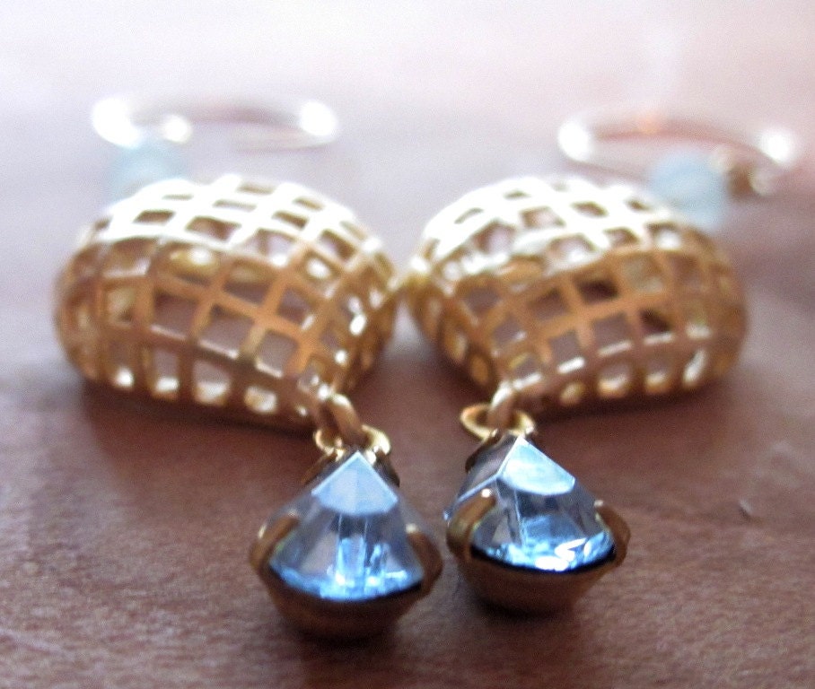 Blue Gypsy Earrings, Matte Gold Cages with Sapphire Blue Glass Drops